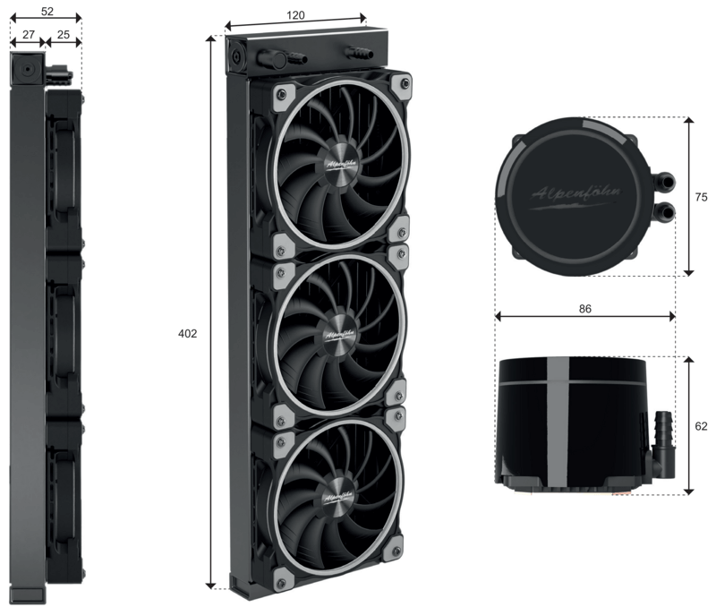 Das Bild zeigt eine technische Zeichnung eines Wasserkühlungssystems mit Lüftern und Abmessungen.