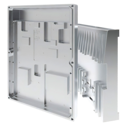 The image features a metallic component with a polished surface, likely an aluminum heat sink or housing, showing intricate cutouts and a ridged design.