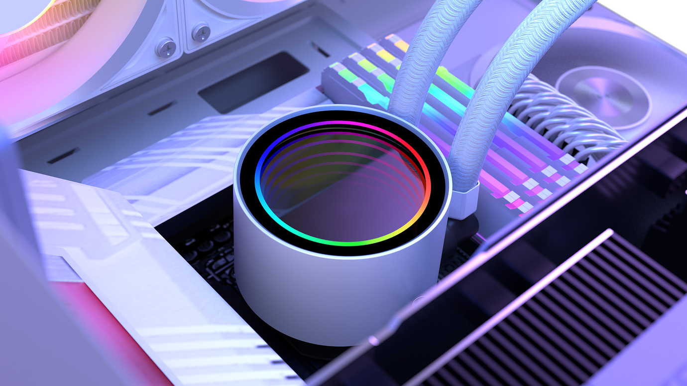 Auf dem Bild ist der Innenraum eines Computergehäuses mit einem RGB-beleuchteten Kühlsystem zu sehen.
